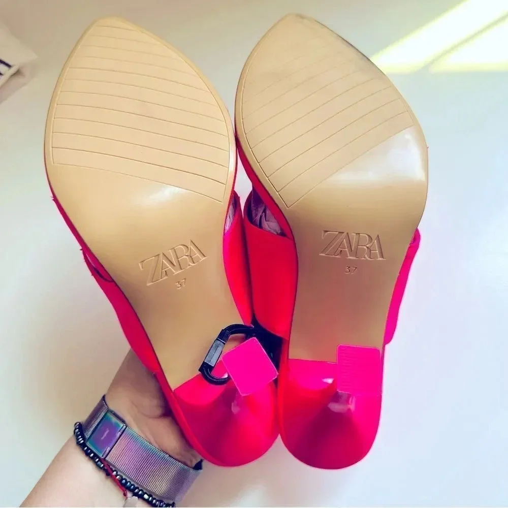 NWT Zara Satin Effect Neon Pink High Heel Sandals - Picture 8 of 9